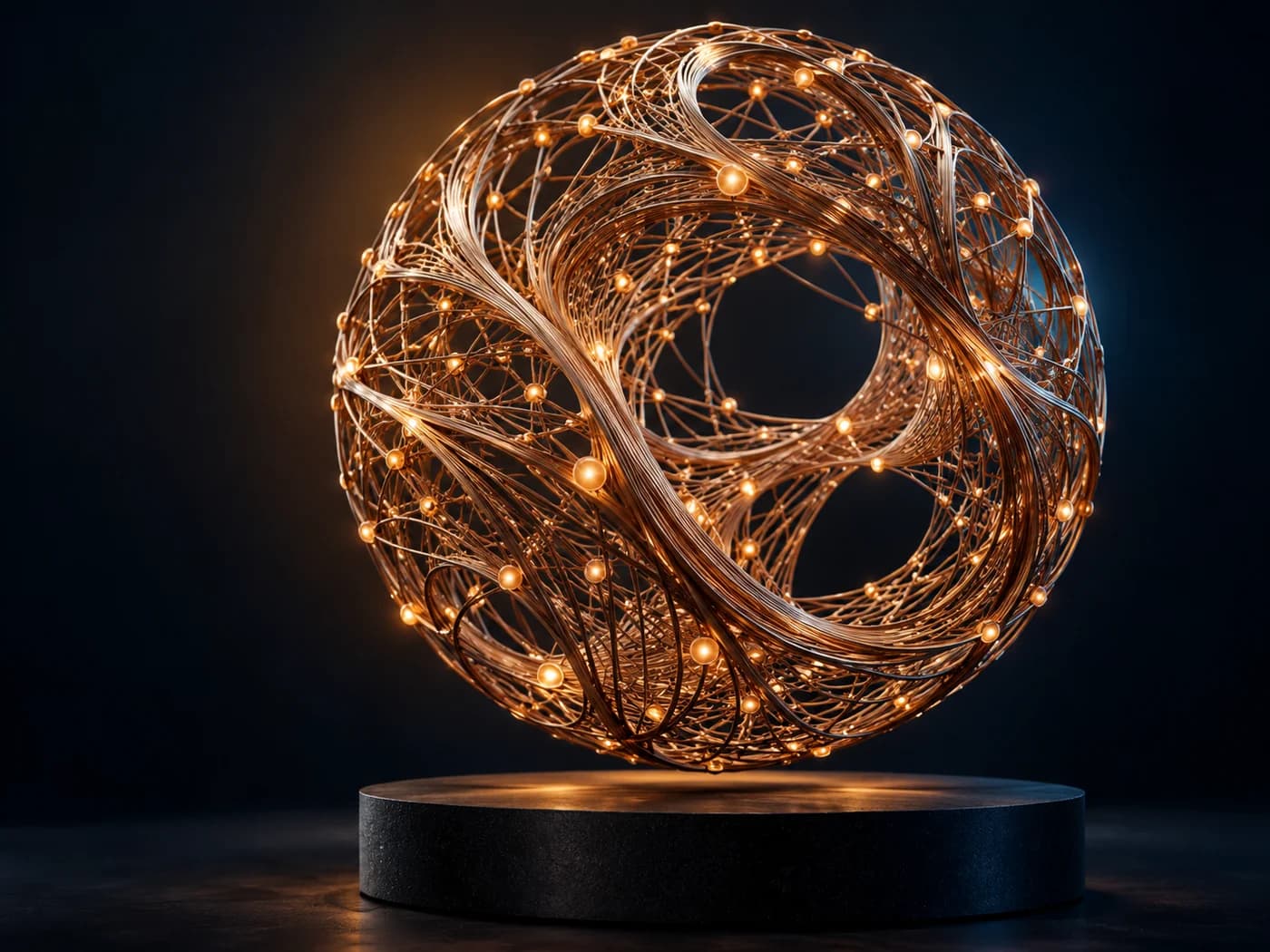 A sculptural network of copper filaments and light representing connected intelligence
