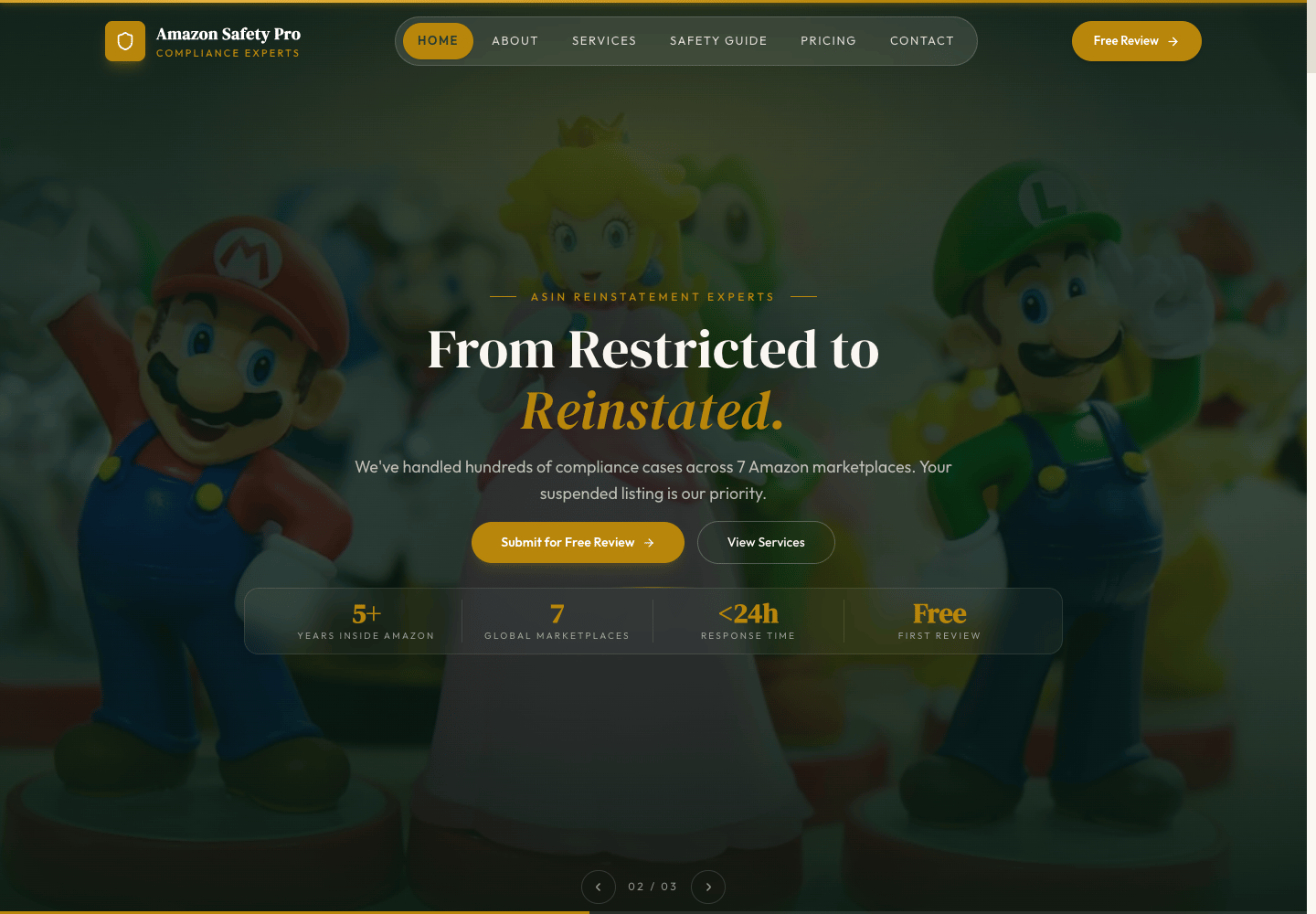 Amazon Safety Pro website featuring its ASIN reinstatement and product compliance services