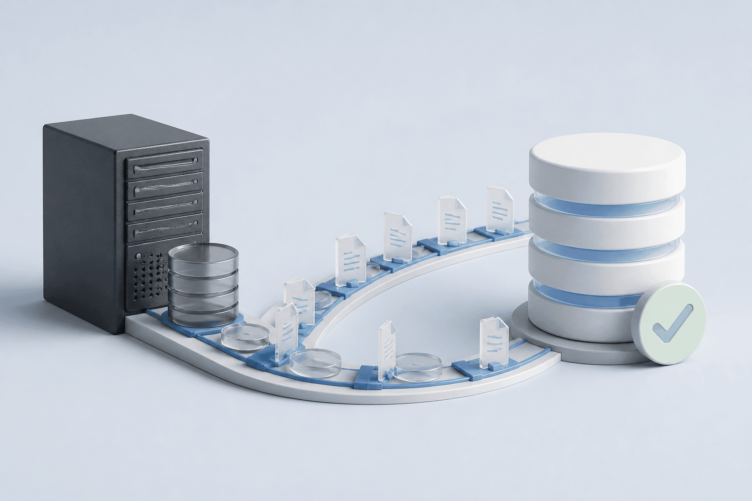 Concept illustration of records moving from a legacy server into a modern database with reconciliation