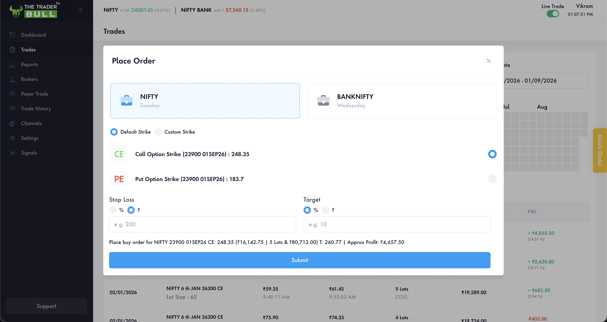 The Trader Bull order ticket: placing a NIFTY options order with stop loss and target in one dialog