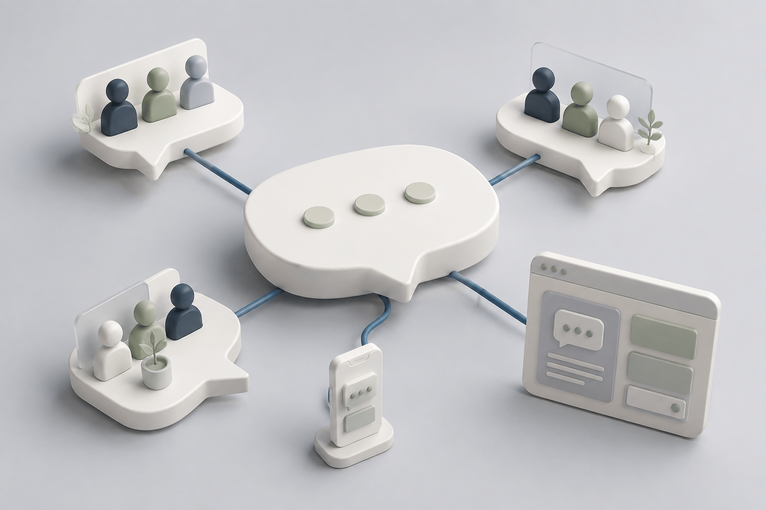 Concept illustration of a shared AI platform connecting multiple teams across web and mobile