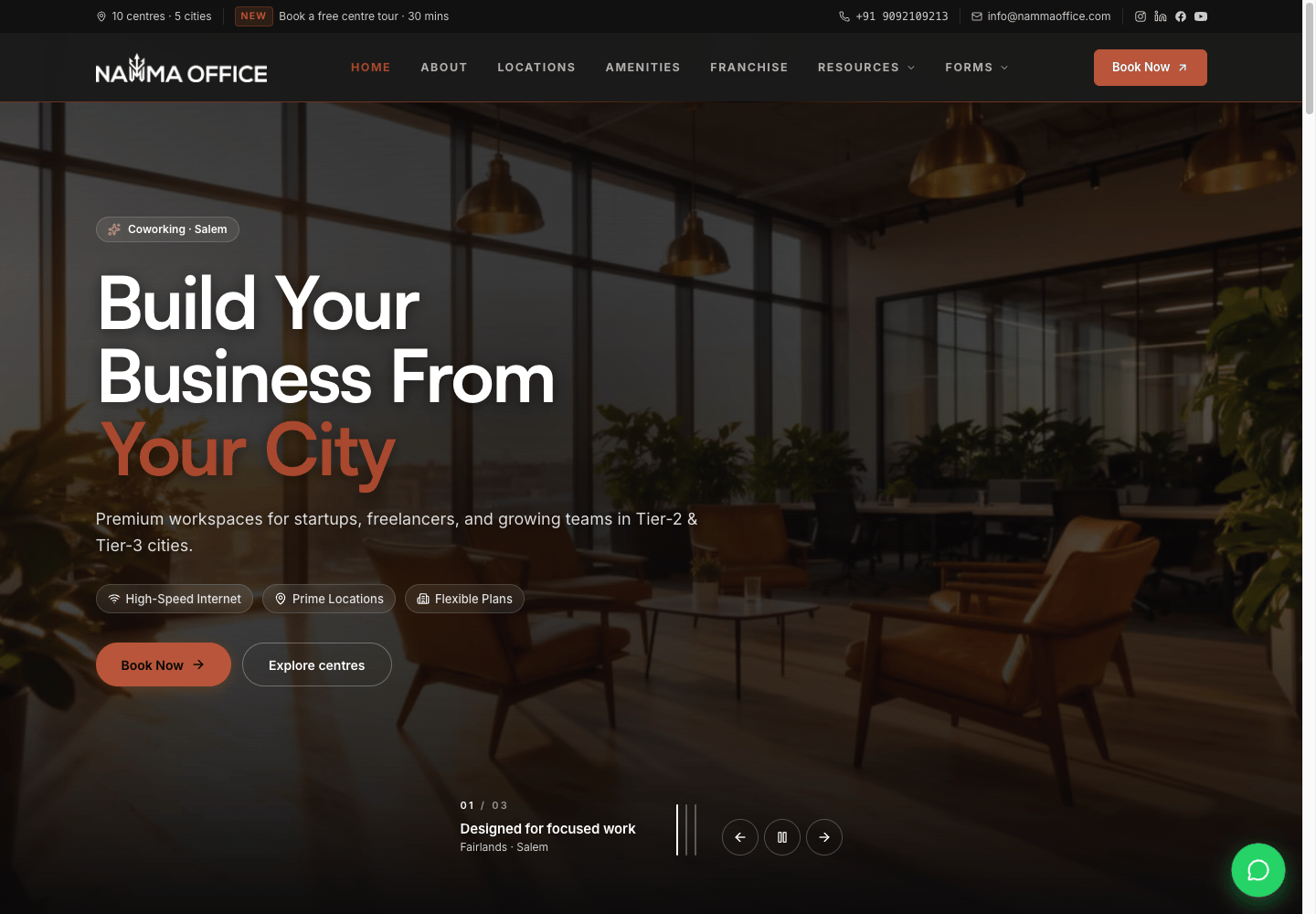 Namma Office website featuring coworking spaces and centre booking