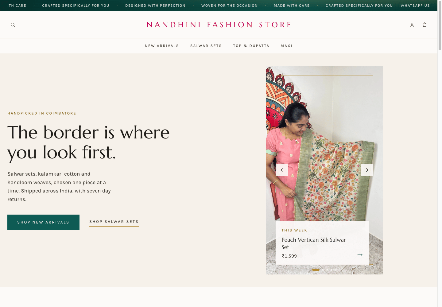Nandhini Fashion Store website showing its handpicked salwar collection